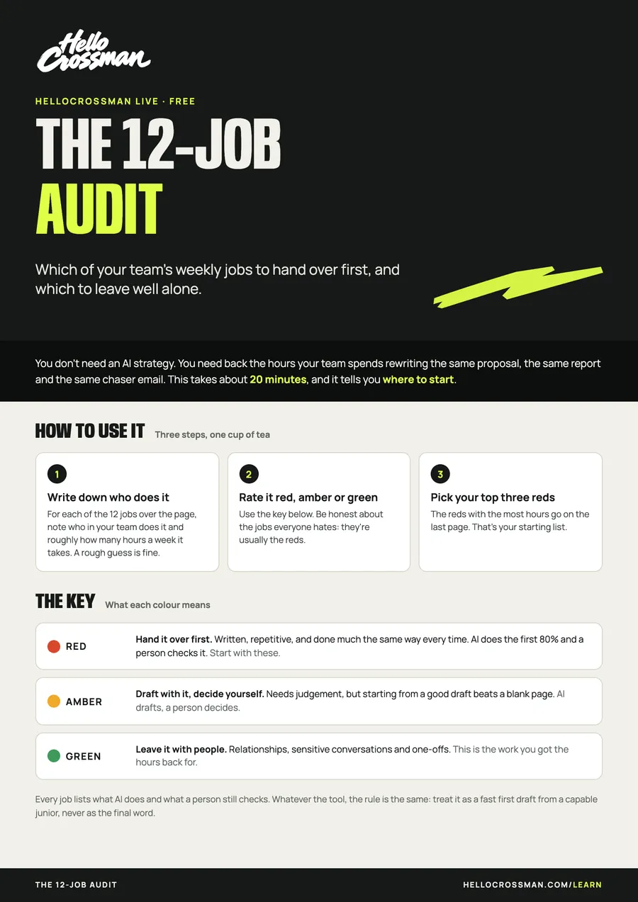 The cover of the 12-job audit: which of your team's weekly jobs to hand over first